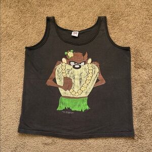 Vintage Tasmanian Devil Taz Hula Hawaiian Print Graphic Sleeveless Shirt Tank